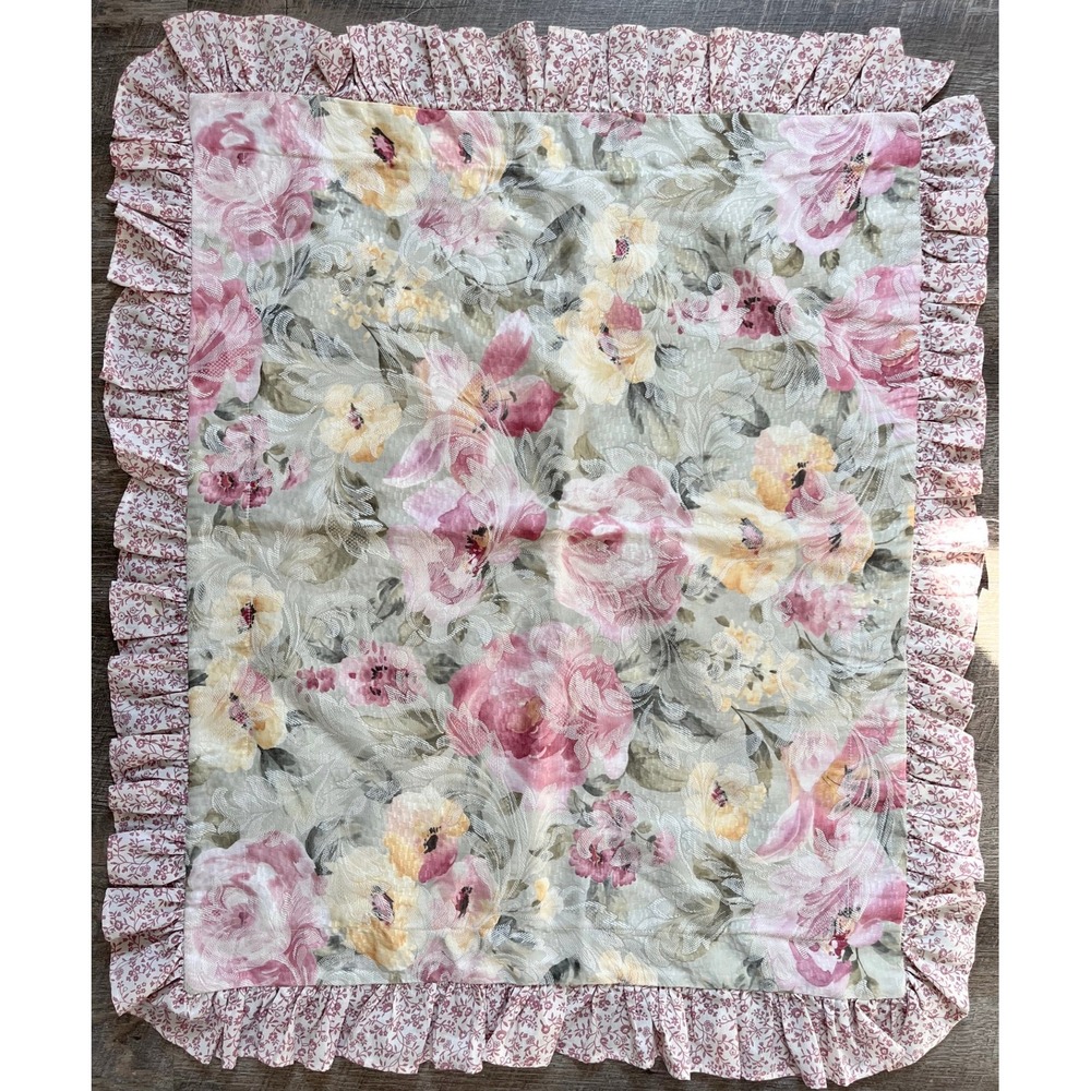 Vintage Pink Pillow Sham with floral and stripes, Ruffle trim